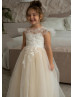 Ivory Sequined Lace Nude Tulle Flower Girl Dress With Detachable Train
